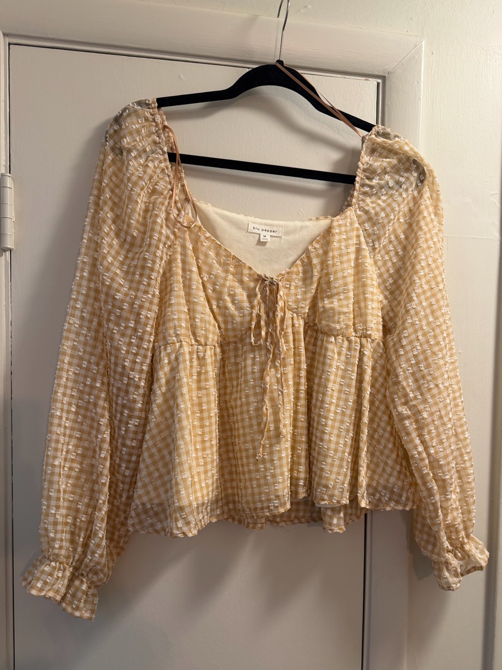 Beige/Gold Gingham Boutique Peasant Blouse